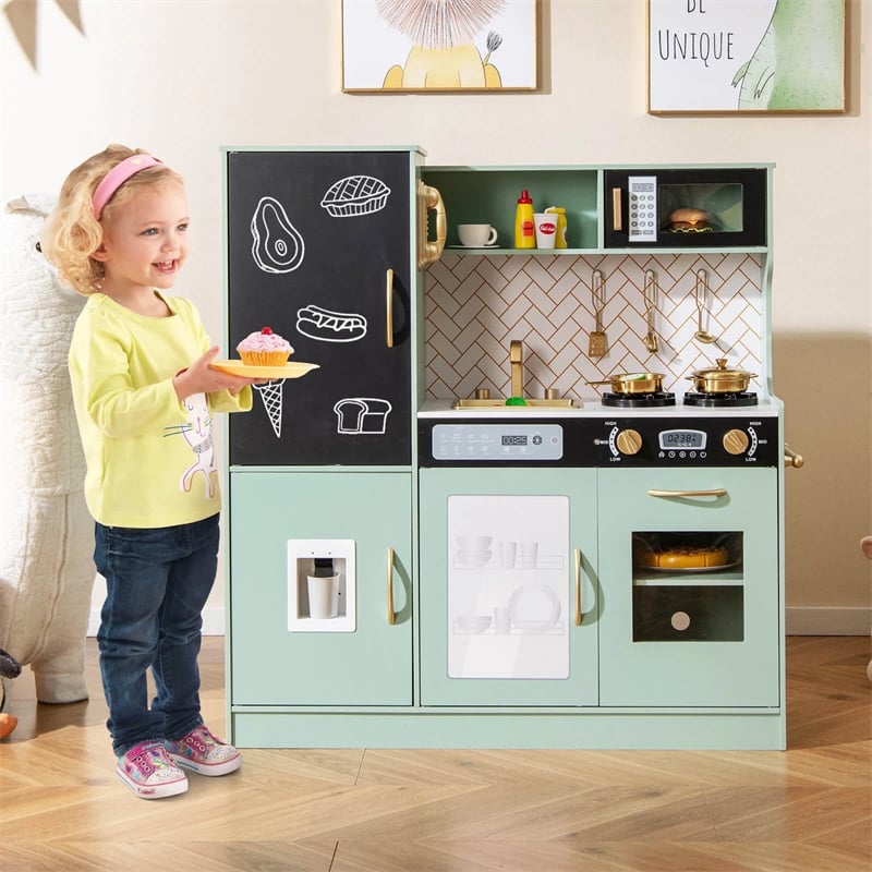 Large Wooden Kids Kitchen Playset, Little Chef Pretend Toy Kitchen Set w/Chalkboard, Microwave, Real Sounds & Lights for Toddlers Age 3+