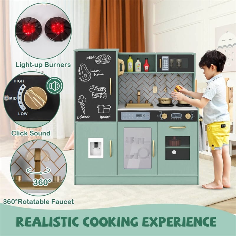 Large Wooden Kids Kitchen Playset, Little Chef Pretend Toy Kitchen Set w/Chalkboard, Microwave, Real Sounds & Lights for Toddlers Age 3+