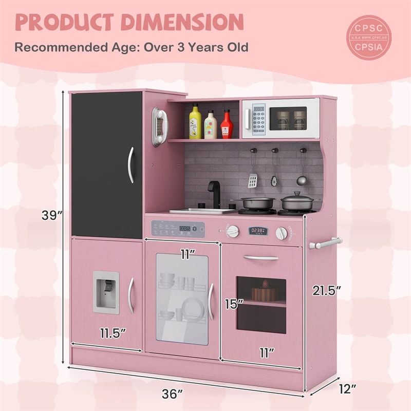 Large Wooden Kids Kitchen Playset, Little Chef Pretend Toy Kitchen Set w/Chalkboard, Microwave, Real Sounds & Lights for Toddlers Age 3+