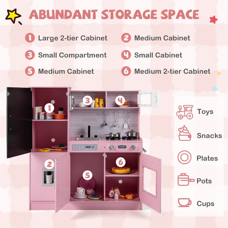Large Wooden Kids Kitchen Playset, Little Chef Pretend Toy Kitchen Set w/Chalkboard, Microwave, Real Sounds & Lights for Toddlers Age 3+