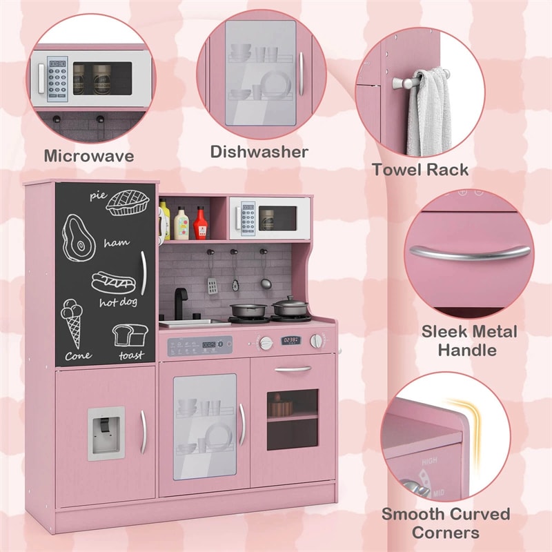 Large Wooden Kids Kitchen Playset, Little Chef Pretend Toy Kitchen Set w/Chalkboard, Microwave, Real Sounds & Lights for Toddlers Age 3+