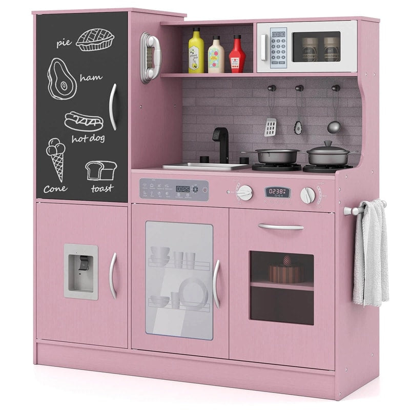 Large Wooden Kids Kitchen Playset, Little Chef Pretend Toy Kitchen Set w/Chalkboard, Microwave, Real Sounds & Lights for Toddlers Age 3+