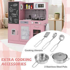 Large Wooden Kids Kitchen Playset, Little Chef Pretend Toy Kitchen Set w/Chalkboard, Microwave, Real Sounds & Lights for Toddlers Age 3+