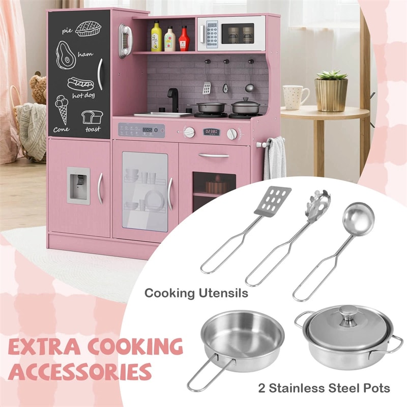 Large Wooden Kids Kitchen Playset, Little Chef Pretend Toy Kitchen Set w/Chalkboard, Microwave, Real Sounds & Lights for Toddlers Age 3+