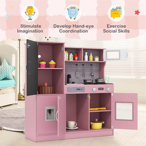 Large Wooden Kids Kitchen Playset, Little Chef Pretend Toy Kitchen Set w/Chalkboard, Microwave, Real Sounds & Lights for Toddlers Age 3+