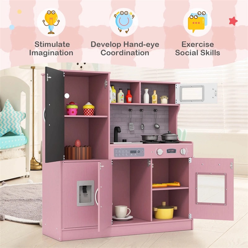 Large Wooden Kids Kitchen Playset, Little Chef Pretend Toy Kitchen Set w/Chalkboard, Microwave, Real Sounds & Lights for Toddlers Age 3+
