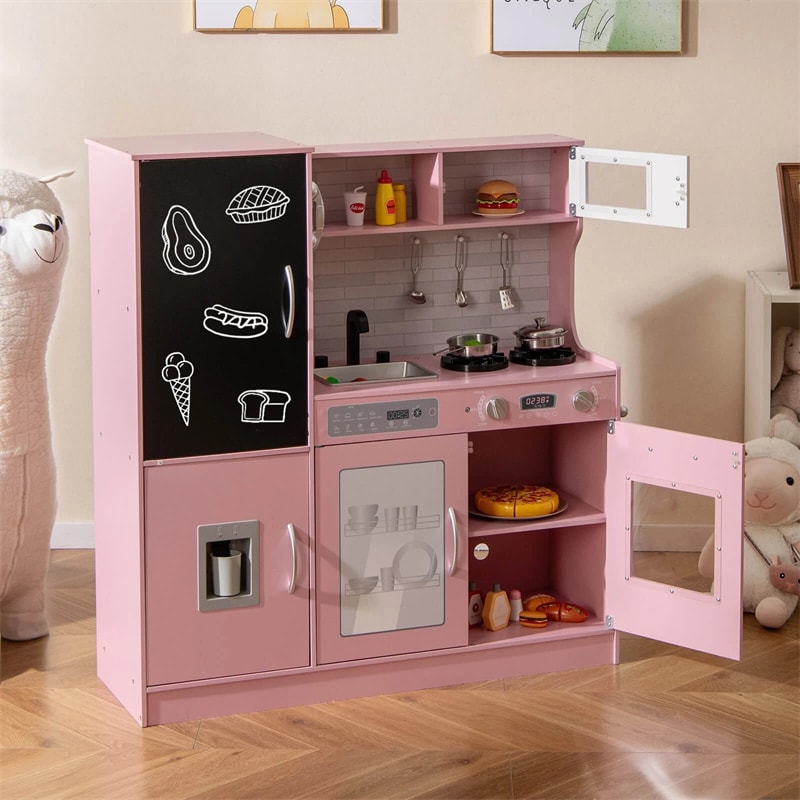 Large Wooden Kids Kitchen Playset, Little Chef Pretend Toy Kitchen Set w/Chalkboard, Microwave, Real Sounds & Lights for Toddlers Age 3+