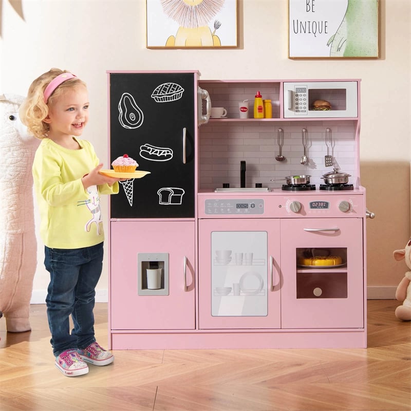 Large Wooden Kids Kitchen Playset, Little Chef Pretend Toy Kitchen Set w/Chalkboard, Microwave, Real Sounds & Lights for Toddlers Age 3+