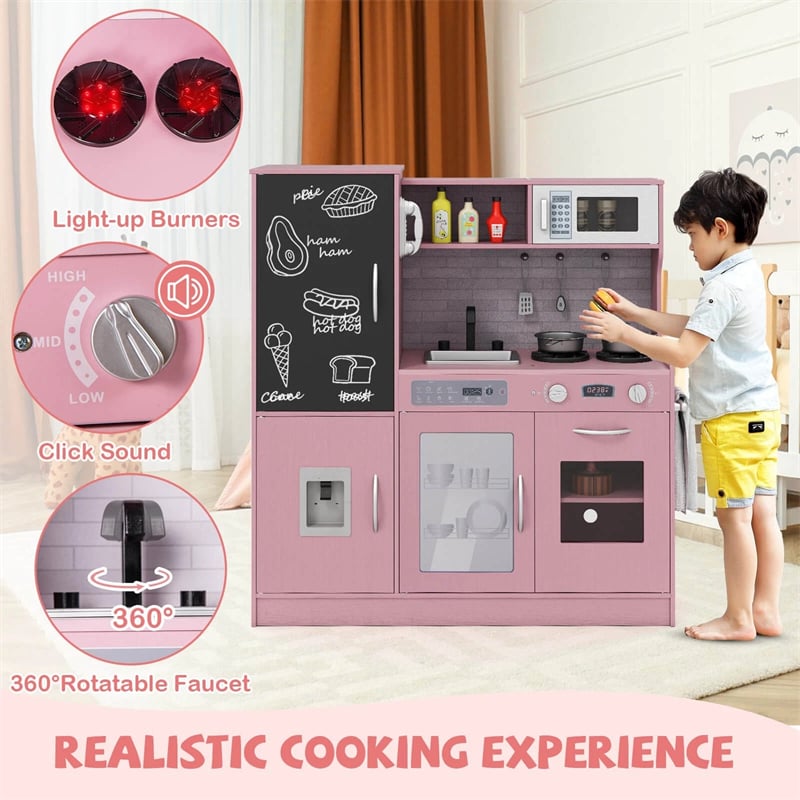 Large Wooden Kids Kitchen Playset, Little Chef Pretend Toy Kitchen Set w/Chalkboard, Microwave, Real Sounds & Lights for Toddlers Age 3+