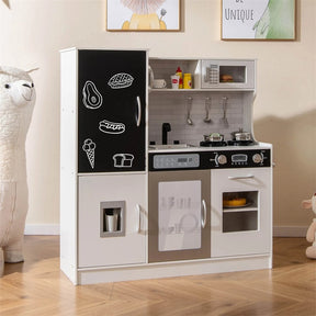 Large Wooden Kids Kitchen Playset, Little Chef Pretend Toy Kitchen Set w/Chalkboard, Microwave, Real Sounds & Lights for Toddlers Age 3+