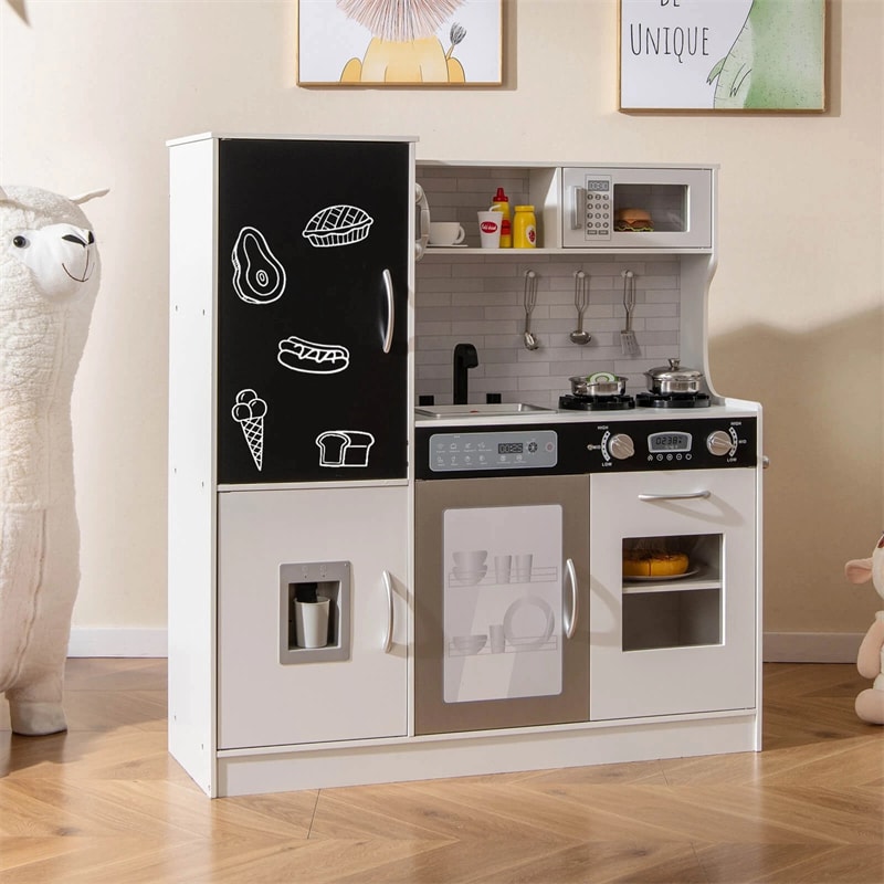Large Wooden Kids Kitchen Playset, Little Chef Pretend Toy Kitchen Set w/Chalkboard, Microwave, Real Sounds & Lights for Toddlers Age 3+