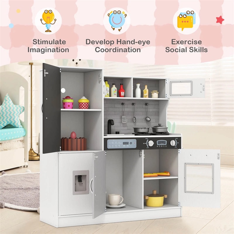 Large Wooden Kids Kitchen Playset, Little Chef Pretend Toy Kitchen Set w/Chalkboard, Microwave, Real Sounds & Lights for Toddlers Age 3+