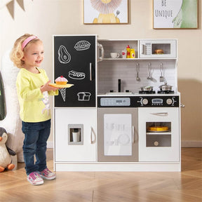 Large Wooden Kids Kitchen Playset, Little Chef Pretend Toy Kitchen Set w/Chalkboard, Microwave, Real Sounds & Lights for Toddlers Age 3+