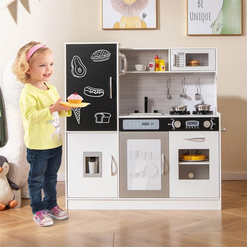 Large Wooden Kids Kitchen Playset, Little Chef Pretend Toy Kitchen Set w/Chalkboard, Microwave, Real Sounds & Lights for Toddlers Age 3+
