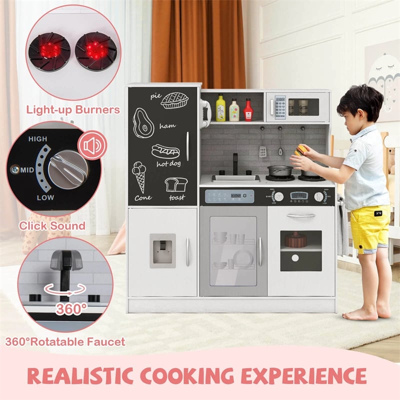 Large Wooden Kids Kitchen Playset, Little Chef Pretend Toy Kitchen Set w/Chalkboard, Microwave, Real Sounds & Lights for Toddlers Age 3+
