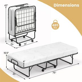 Cot Size Rollaway Guest Bed, 75"x31" Folding Bed with Memory Foam Mattress & Heavy-Duty Frame, Portable Space-Saving for Adults