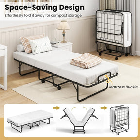 Cot Size Rollaway Guest Bed, 75"x31" Folding Bed with Memory Foam Mattress & Heavy-Duty Frame, Portable Space-Saving for Adults