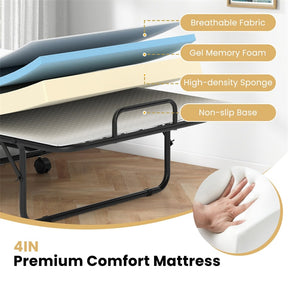 Cot Size Rollaway Guest Bed, 75"x31" Folding Bed with Memory Foam Mattress & Heavy-Duty Frame, Portable Space-Saving for Adults