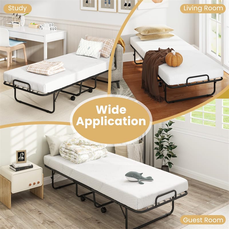 Cot Size Rollaway Guest Bed, 75"x31" Folding Bed with Memory Foam Mattress & Heavy-Duty Frame, Portable Space-Saving for Adults