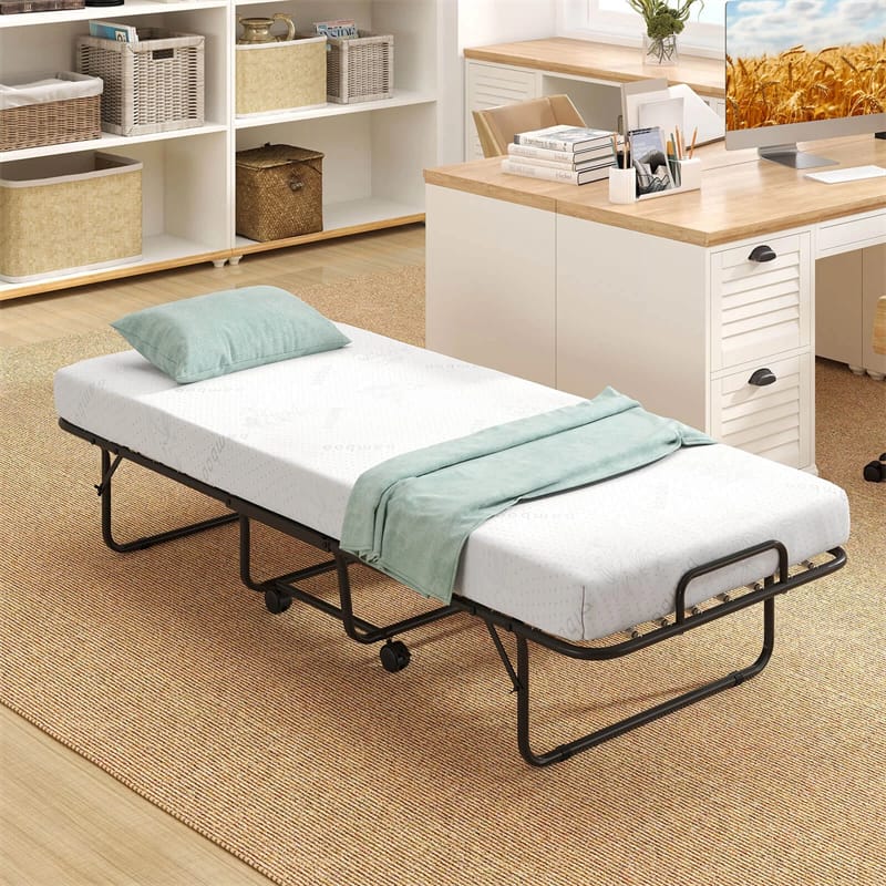 Cot Size Rollaway Guest Bed, 75"x31" Folding Bed with Memory Foam Mattress & Heavy-Duty Frame, Portable Space-Saving for Adults