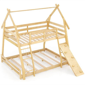 Twin Over Queen House Bunk Bed, Wood Kids Floor Bunk Bed Frame with Climbing Nets & Ramp, Safety Rails for Boys Girls, No Box Spring Needed