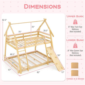 Twin Over Queen House Bunk Bed, Wood Kids Floor Bunk Bed Frame with Climbing Nets & Ramp, Safety Rails for Boys Girls, No Box Spring Needed