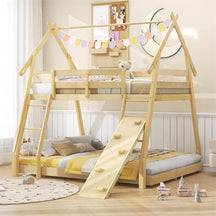 Twin Over Queen House Bunk Bed, Wood Kids Floor Bunk Bed Frame with Climbing Nets & Ramp, Safety Rails for Boys Girls, No Box Spring Needed