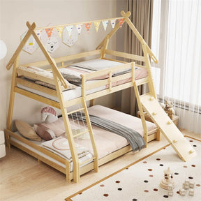 Twin Over Queen House Bunk Bed, Wood Kids Floor Bunk Bed Frame with Climbing Nets & Ramp, Safety Rails for Boys Girls, No Box Spring Needed