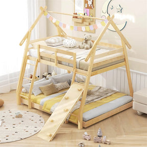 Twin Over Queen House Bunk Bed, Wood Kids Floor Bunk Bed Frame with Climbing Nets & Ramp, Safety Rails for Boys Girls, No Box Spring Needed