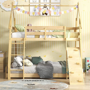 Twin Over Queen House Bunk Bed, Wood Kids Floor Bunk Bed Frame with Climbing Nets & Ramp, Safety Rails for Boys Girls, No Box Spring Needed
