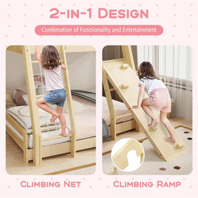 Twin Over Queen House Bunk Bed, Wood Kids Floor Bunk Bed Frame with Climbing Nets & Ramp, Safety Rails for Boys Girls, No Box Spring Needed