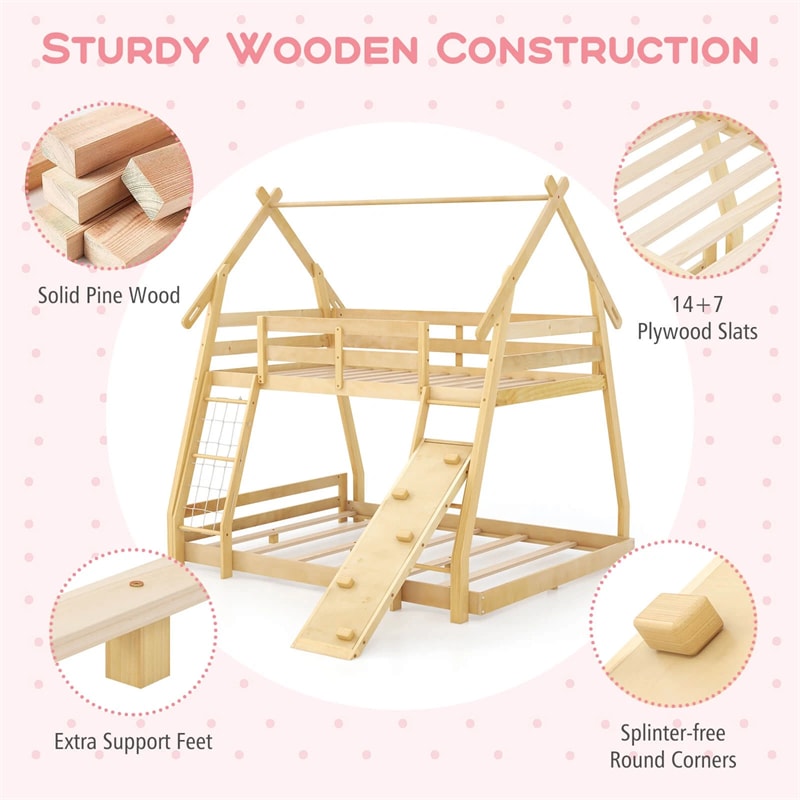 Twin Over Queen House Bunk Bed, Wood Kids Floor Bunk Bed Frame with Climbing Nets & Ramp, Safety Rails for Boys Girls, No Box Spring Needed