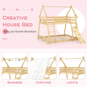 Twin Over Queen House Bunk Bed, Wood Kids Floor Bunk Bed Frame with Climbing Nets & Ramp, Safety Rails for Boys Girls, No Box Spring Needed