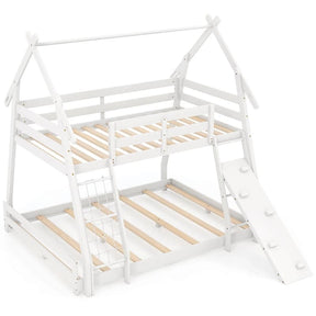 Twin Over Queen House Bunk Bed, Wood Kids Floor Bunk Bed Frame with Climbing Nets & Ramp, Safety Rails for Boys Girls, No Box Spring Needed
