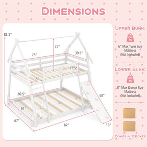 Twin Over Queen House Bunk Bed, Wood Kids Floor Bunk Bed Frame with Climbing Nets & Ramp, Safety Rails for Boys Girls, No Box Spring Needed