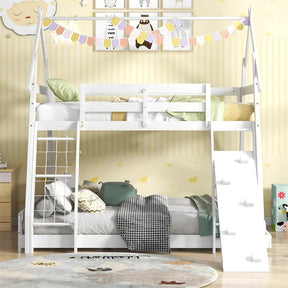 Twin Over Queen House Bunk Bed, Wood Kids Floor Bunk Bed Frame with Climbing Nets & Ramp, Safety Rails for Boys Girls, No Box Spring Needed