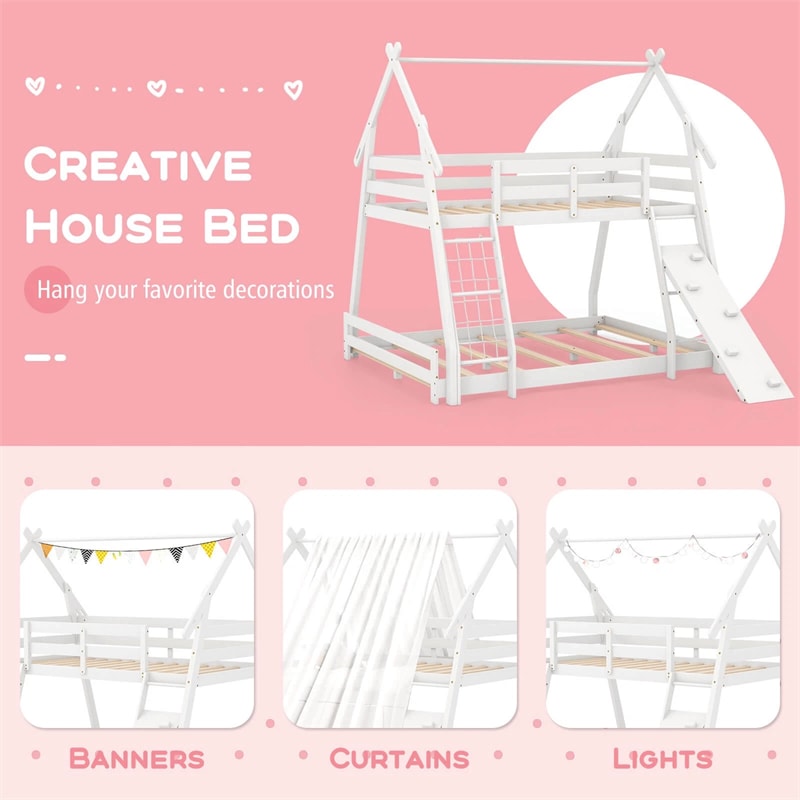 Twin Over Queen House Bunk Bed, Wood Kids Floor Bunk Bed Frame with Climbing Nets & Ramp, Safety Rails for Boys Girls, No Box Spring Needed