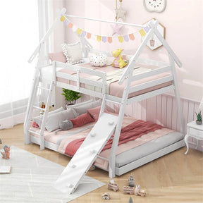 Twin Over Queen House Bunk Bed, Wood Kids Floor Bunk Bed Frame with Climbing Nets & Ramp, Safety Rails for Boys Girls, No Box Spring Needed