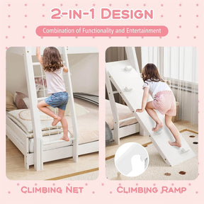 Twin Over Queen House Bunk Bed, Wood Kids Floor Bunk Bed Frame with Climbing Nets & Ramp, Safety Rails for Boys Girls, No Box Spring Needed