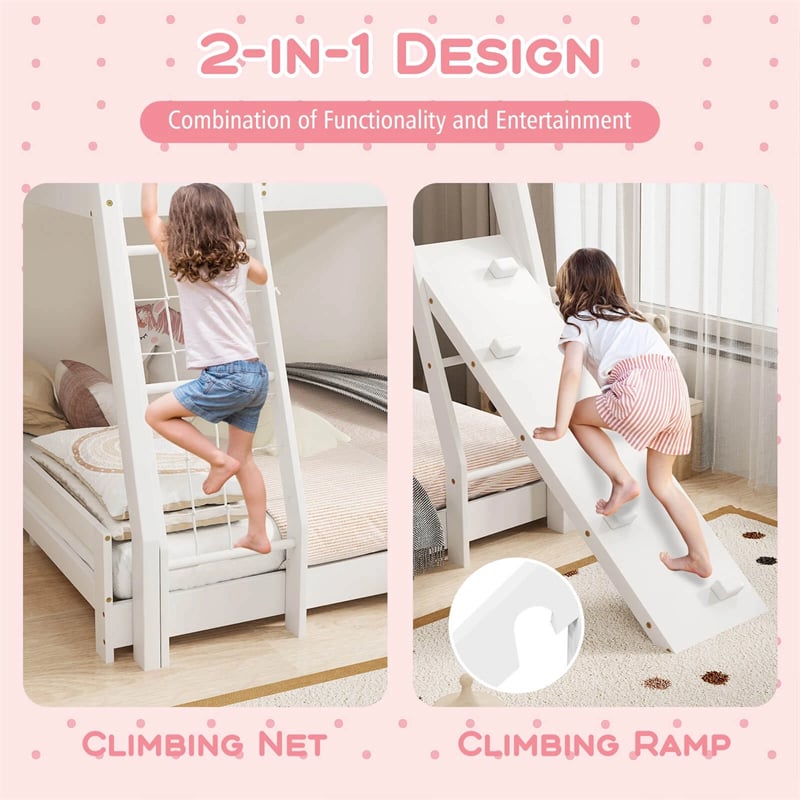 Twin Over Queen House Bunk Bed, Wood Kids Floor Bunk Bed Frame with Climbing Nets & Ramp, Safety Rails for Boys Girls, No Box Spring Needed