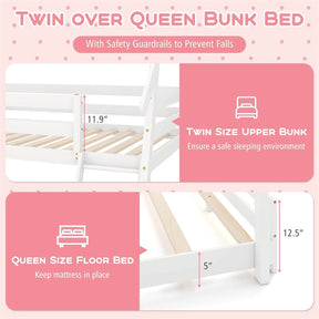 Twin Over Queen House Bunk Bed, Wood Kids Floor Bunk Bed Frame with Climbing Nets & Ramp, Safety Rails for Boys Girls, No Box Spring Needed