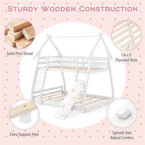 Twin Over Queen House Bunk Bed, Wood Kids Floor Bunk Bed Frame with Climbing Nets & Ramp, Safety Rails for Boys Girls, No Box Spring Needed