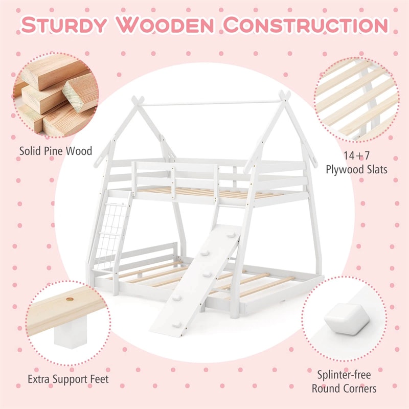 Twin Over Queen House Bunk Bed, Wood Kids Floor Bunk Bed Frame with Climbing Nets & Ramp, Safety Rails for Boys Girls, No Box Spring Needed
