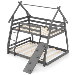 Twin Over Queen House Bunk Bed, Wood Kids Floor Bunk Bed Frame with Climbing Nets & Ramp, Safety Rails for Boys Girls, No Box Spring Needed