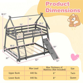 Twin Over Queen House Bunk Bed, Wood Kids Floor Bunk Bed Frame with Climbing Nets & Ramp, Safety Rails for Boys Girls, No Box Spring Needed