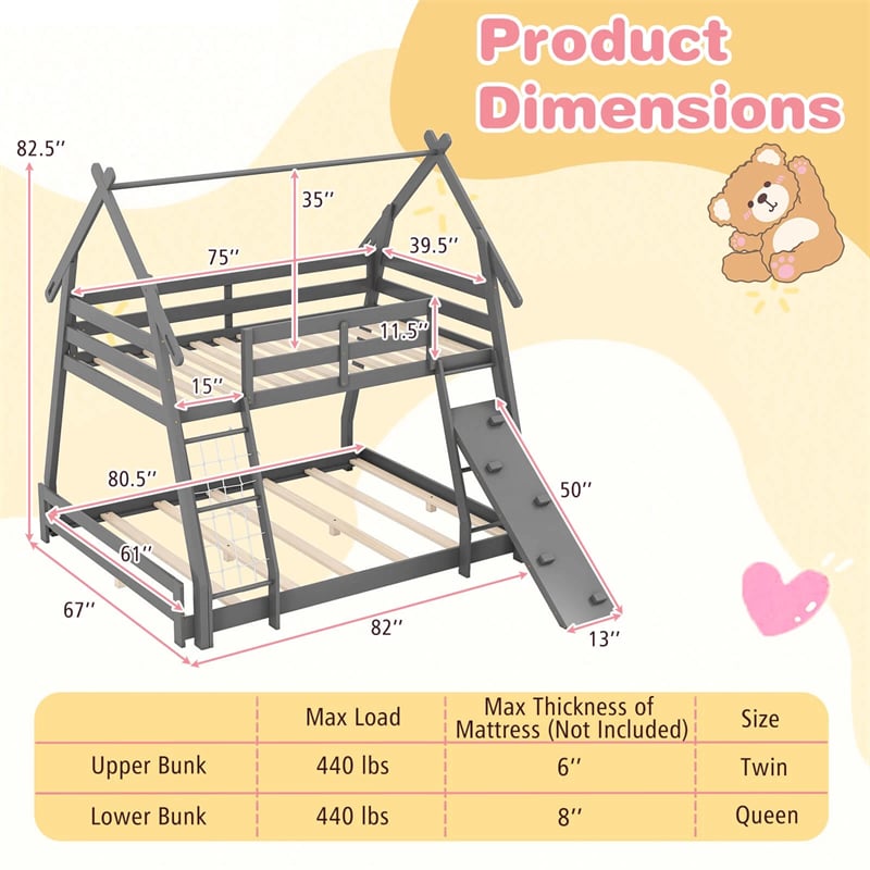 Twin Over Queen House Bunk Bed, Wood Kids Floor Bunk Bed Frame with Climbing Nets & Ramp, Safety Rails for Boys Girls, No Box Spring Needed