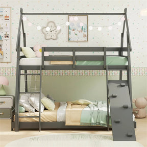 Twin Over Queen House Bunk Bed, Wood Kids Floor Bunk Bed Frame with Climbing Nets & Ramp, Safety Rails for Boys Girls, No Box Spring Needed