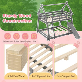 Twin Over Queen House Bunk Bed, Wood Kids Floor Bunk Bed Frame with Climbing Nets & Ramp, Safety Rails for Boys Girls, No Box Spring Needed