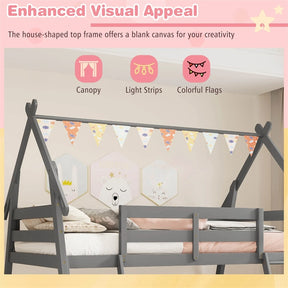 Twin Over Queen House Bunk Bed, Wood Kids Floor Bunk Bed Frame with Climbing Nets & Ramp, Safety Rails for Boys Girls, No Box Spring Needed