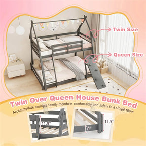 Twin Over Queen House Bunk Bed, Wood Kids Floor Bunk Bed Frame with Climbing Nets & Ramp, Safety Rails for Boys Girls, No Box Spring Needed